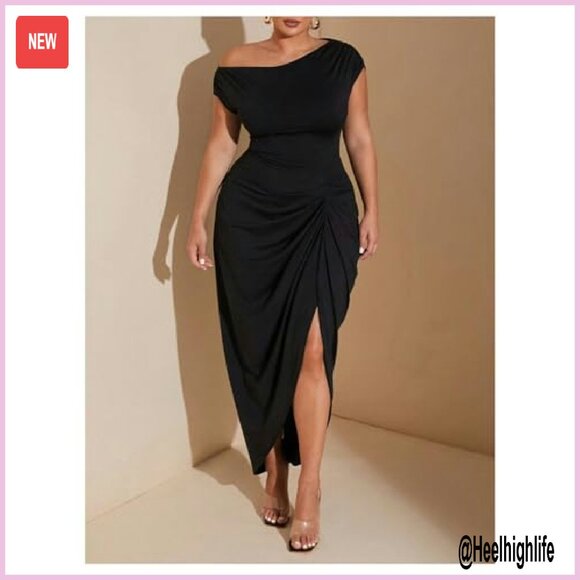 Plus Size Asymmetrical Neck Ruched Cocktail Dress Long Slit Hem - Picture 4 of 7